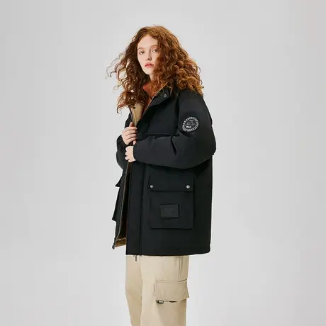 潮牌黑色连帽中长款羽绒服女2023新款复古情侣装冬季加厚工装外套图片