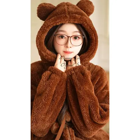 Bananagirl睡衣女冬季新款可爱小熊连帽套装珊瑚绒加厚保暖家居服商品大图