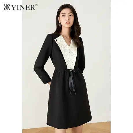 YINER音儿奥莱女装秋季高腰蝴蝶系带撞色V领连衣裙图片