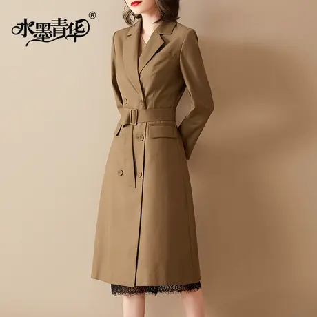 水墨青华春新款英伦风衣外套女时尚中长款双排扣大衣西装图片