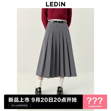 乐町学院风灰色百褶长裙2023年秋冬新款半身裙A摆挺括显瘦长半裙图片
