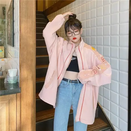 韩版宽松百搭森系外套女2023年春秋季新款粉色炸街工装上衣ins潮商品大图