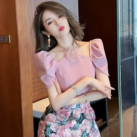 粉色蝴蝶结挂脖短袖女t恤夏2025洋气减龄小众显瘦泡泡袖上衣短款商品大图