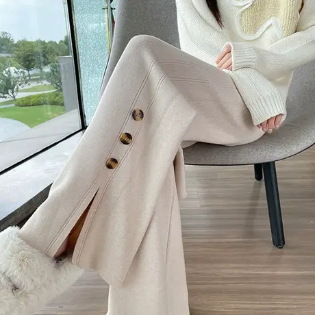 开叉针织微喇裤女秋冬季新款高腰宽松显瘦加厚阔腿休闲拖地喇叭裤图片