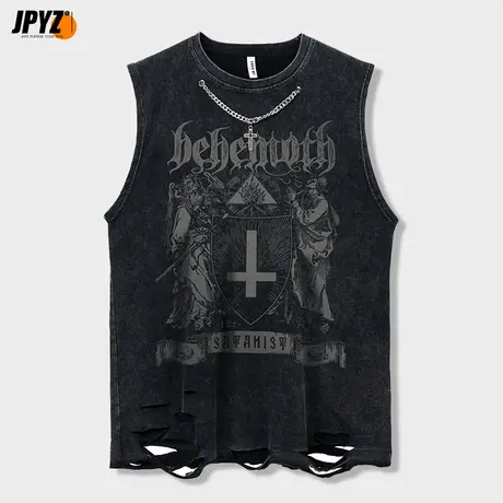 美式印花背心男潮流宽松ins潮牌破洞做旧坎肩马甲2022夏季无袖T恤图片