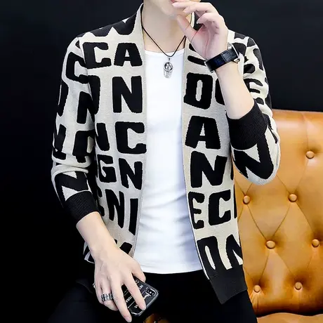 毛衣男外套春秋季潮流提花字母针织开衫学生韩版帅气线衫外穿秋装商品大图