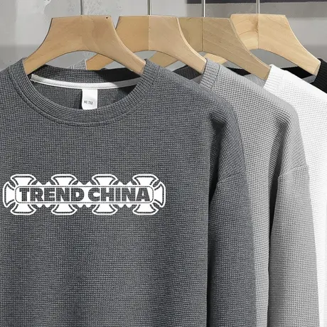 2024秋季新款华夫格卫衣男中国潮流宽松圆领套头无帽上衣长袖t恤商品大图
