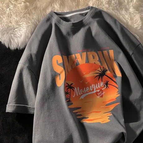 港风短袖t恤男女潮牌圆领休闲百搭上衣潮流宽松落日余晖印花体恤商品大图