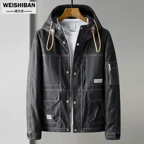 春秋季新款潮牌宽松牛仔拼接工装夹克男ins连帽缉明线时尚感外套图片