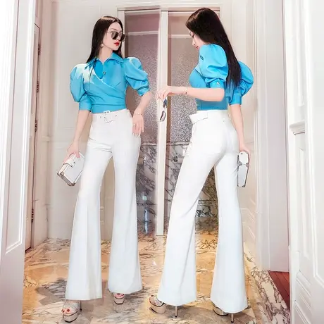 VJE春夏女士白色休闲裤新款气质高腰修身显瘦垂感微喇叭裤子图片