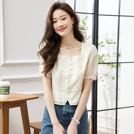 时尚气质方领短袖衬衫2023年夏季新款淑女温柔显瘦通勤短款上衣商品大图