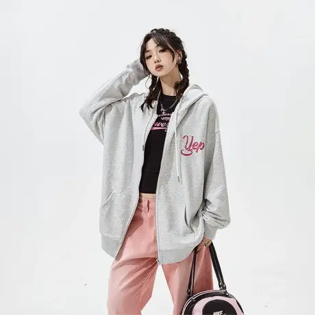 YEP复古连帽开衫卫衣女2024年新款春秋潮牌宽松oversize外套商品大图