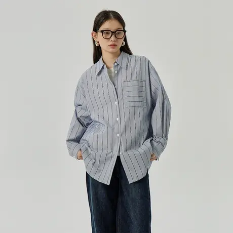 omont蛋挞家 复古条纹衬衫女上衣秋季2023新别致宽松休闲长袖衬衣商品大图