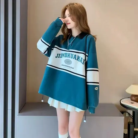 宽松慵懒风polo领卫衣女2024年新款早春季时尚洋气减龄设计感上衣图片