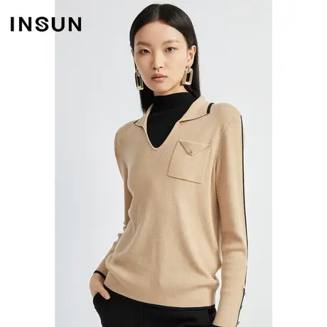 INSUN恩裳奥莱秋季撞色假两件羊毛混纺针织衫商品大图