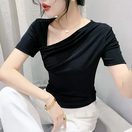 性感斜V领T恤女短袖夏装2024新款百搭修身小衫时尚褶皱上衣设计感图片