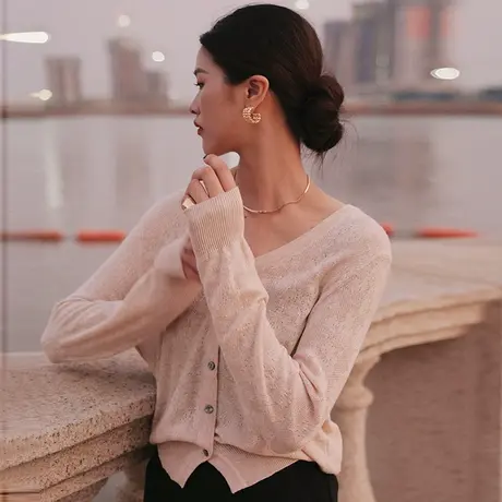 羊毛针织衫秋装女2023新款长袖针织打底衫V领单排扣毛衣开衫外套商品大图