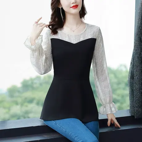 秋季长袖t恤女装2023新款潮早秋上衣拼接打底衫春秋装衣服大码胖m商品大图