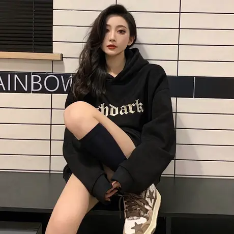 连帽卫衣女秋冬2024年新款oversize美式复古小个子中长款加绒外套商品大图