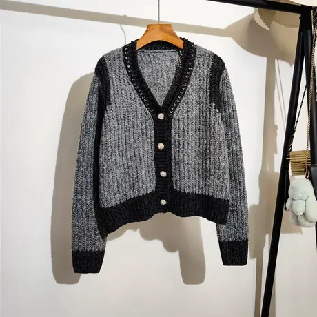 小香风毛衣开衫外套女2023新款秋冬气质百搭宽松V领休闲针织上衣图片