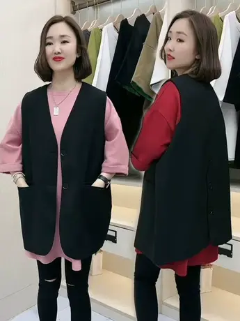 欧货时尚开叉西装马甲女2023春秋新款无袖外穿设计感黑色马夹外套商品大图