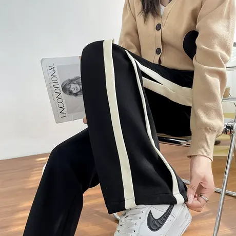 竖条纹阔腿裤女2023春秋新款高腰显瘦垂感休闲裤子窄版直筒运动裤图片