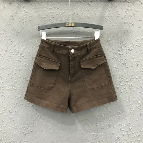 25春夏新款港味休闲高腰宽松显瘦咖啡色工装牛仔短裤女A字阔腿裤商品大图