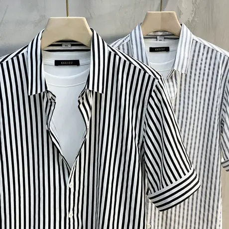 条纹衬衫外套男夏季薄款潮流纯棉商务高端休闲半中袖男士衬衣短袖商品大图