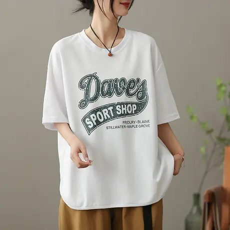 dza文艺复古字母纯棉T恤女2023夏季薄款短袖体恤显瘦百搭打底上衣商品大图