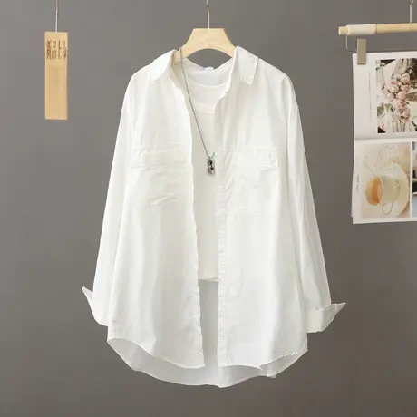 秋季2023年新款简约中长款宽松外套白衬衫女长袖慵懒风衬衣薄开衫图片