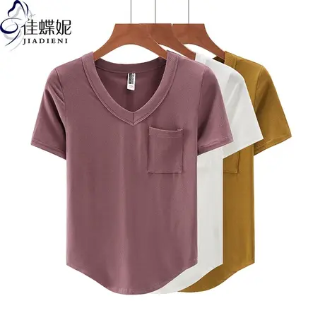 夏季新款韩版V领修身纯棉纯色燕尾纯欲短袖体恤上衣内搭女打底衫图片