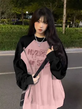 粉色国潮秋冬女装插肩卫衣oversize大码宽松外套ins山东即墨上衣商品大图