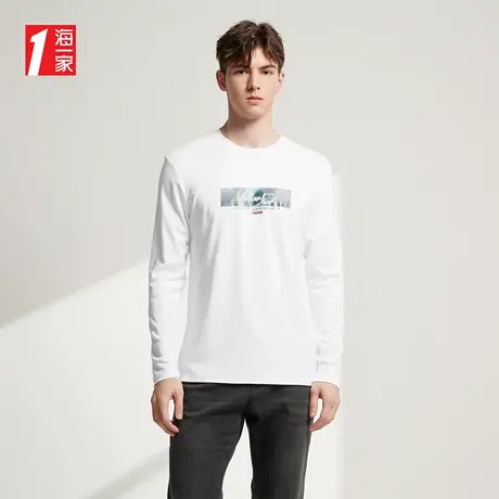 海一家时尚印花套头衫2023秋季新款舒适圆领亲肤棉长袖T恤男商品大图