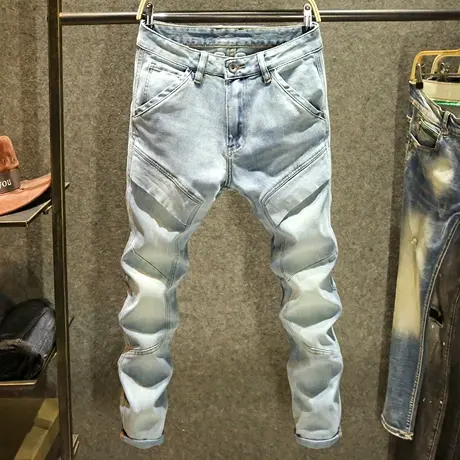 浅蓝色个性拼接裤子男潮流时尚设计感小脚裤高端潮牌修身牛仔裤男商品大图