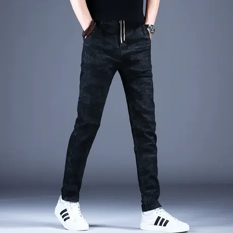 男士迷彩牛仔裤男款抽绳修身小脚2023新款秋冬韩版潮流裤子男弹力商品大图