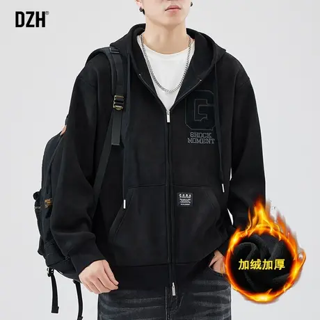 男士连帽开衫卫衣男冬季加绒加厚保暖美式麂皮绒外套2024新款帽衫商品大图