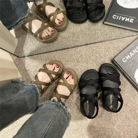 露趾凉鞋女2023年夏季新款百搭小众复古松糕底厚底一脚蹬罗马鞋女商品大图