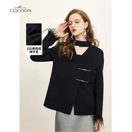 missCOCOON新中式羊毛金属扣短款女2023秋季新款v领冬装呢大衣女图片