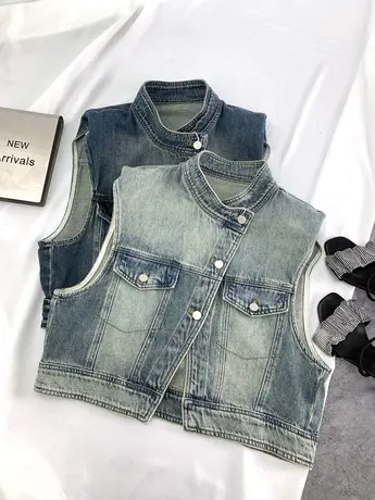 水洗磨白立领牛仔马甲女2023冬季新款显瘦百搭短款不规则无袖上衣商品大图