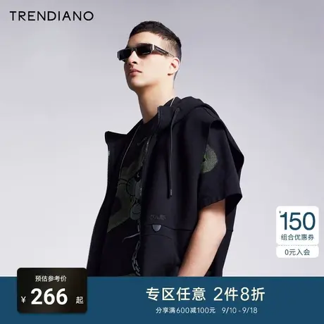 TRENDIANO官方潮牌官方男装痞帅英文刺绣拉链无袖连帽叠穿马甲男商品大图