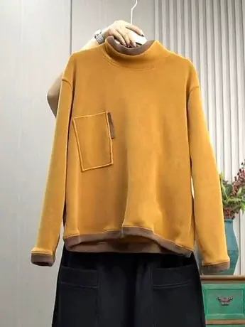 秋冬高领拼色奥利绒卫衣复古休闲宽松百搭长袖单口袋上衣女打底衫图片