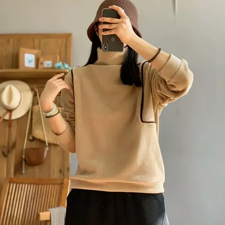 dza 复古短款拼接双面绒高领卫衣女秋冬洋气漂亮内搭打底长袖上衣图片