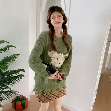 othermix 破洞设计卡通V领毛衣女2024春秋新款甜美可爱针织短上衣图片