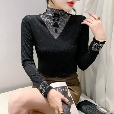 加绒秋冬2024新款T恤设计感高领重工烫钻套头上衣女长袖打底小衫图片
