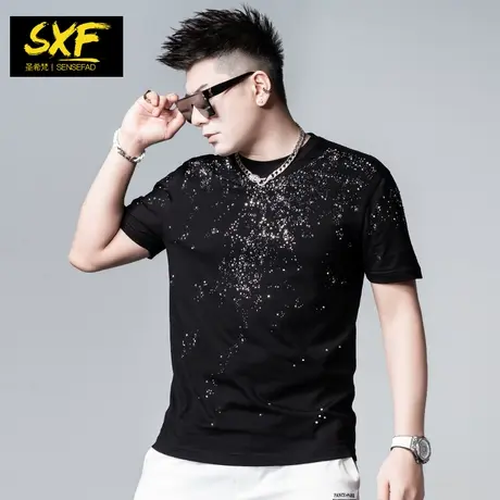 SXF圣希梵男士短袖T恤 2023新款欧货潮牌烫钻体恤纯棉圆领上衣男商品大图