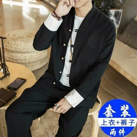 春秋中国风亚麻套装男民族风长袖盘扣棉麻汉服男装古风唐装两件套图片