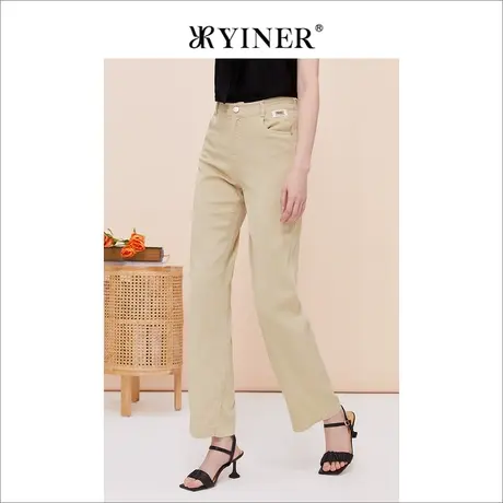YINER音儿线上专选女装2023夏季莱赛尔直筒休闲裤杏色长裤商品大图