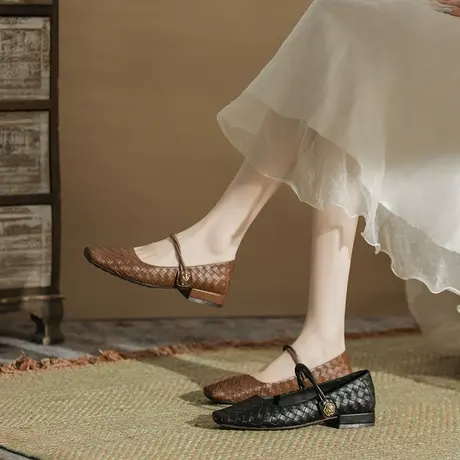 小香风单鞋女2024年新款春秋复古方头平底鞋一字带软底一脚蹬瓢鞋商品大图