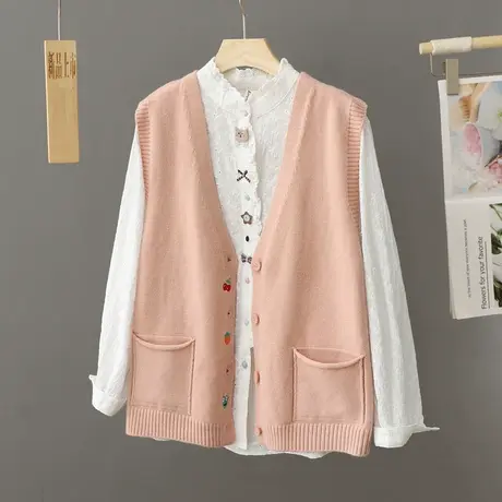 V领针织马甲背心女春秋2024新款学院风刺绣草莓无袖毛衣坎肩马夹图片