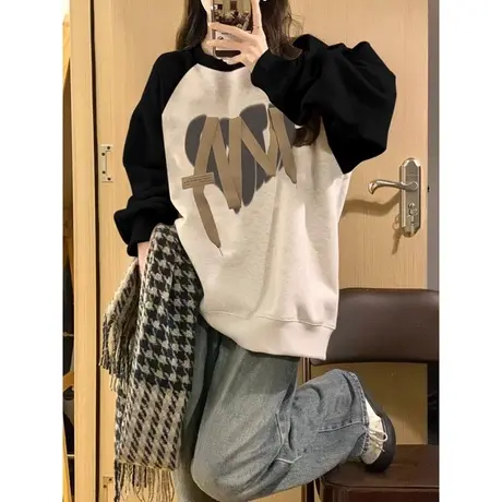 ins超火潮牌圆领插肩袖卫衣女春秋冬季宽松慵懒长袖无帽上衣外套图片